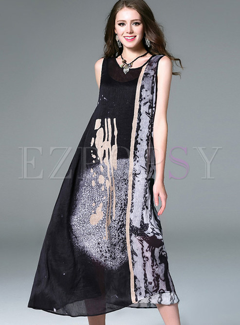 Loose Asymmetric Sleeveless Ink Print Maxi Dress
