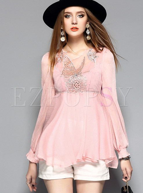 Sweet Pure Color Embroidery Blouse