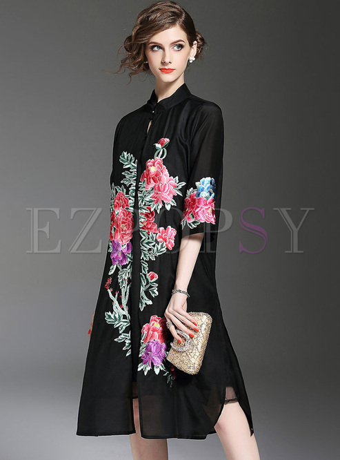 Vintage Flower Embroidery Long Straight Trench Coat