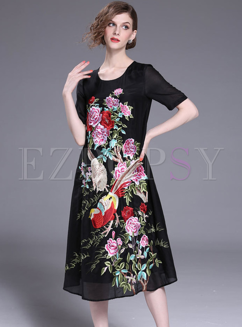 Dresses | Shift Dresses | Ethnic Floral Embroidery Loose Shift Dress