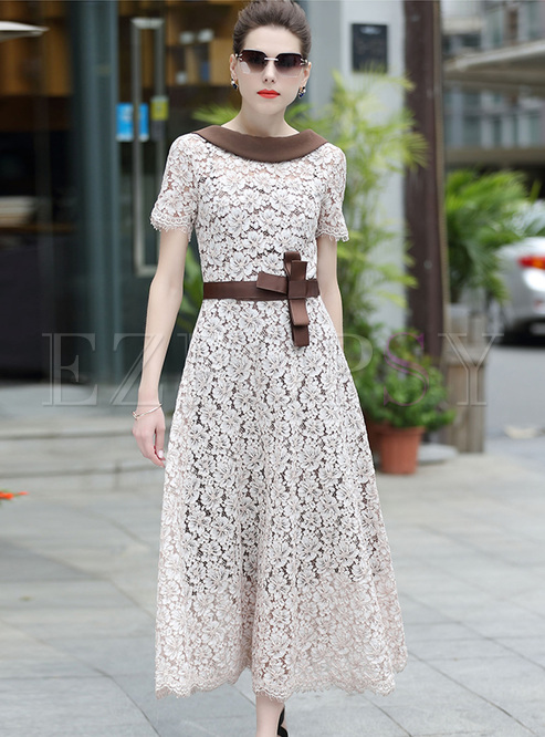 Elegant Lace Color-blocked Waist Maxi Dress