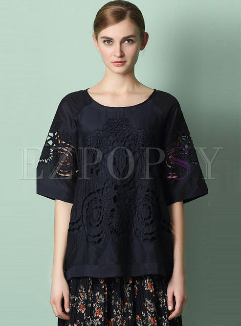 Embroidered Pure Color Half Sleeve Blouse With Camis