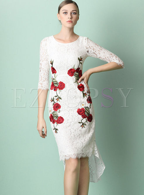 Vintage Embroidered Lace Half Sleeve Bodycon Dress