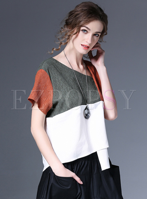 Casual Color-blocked Patch T-shirt