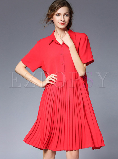 Casual Pure Color Turn Down Collar Pure Color Shift Dress