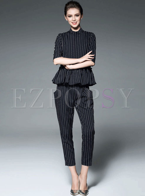 Stripe Falbala Stand Collar Half Sleeve Two-piece Outfits