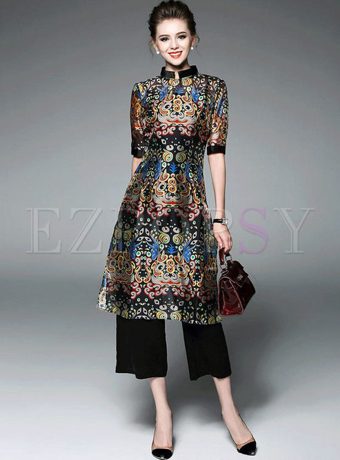Flare Print Stand Half Sleeve Two-piece Outfits