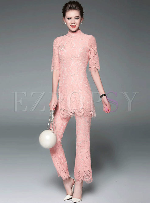 Elegant Lace Stand Collar Half Sleeve Two-piece Outfits