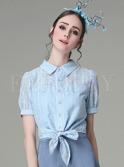 Sweet Lace Turn Down Collar Short Sleeve Blouse