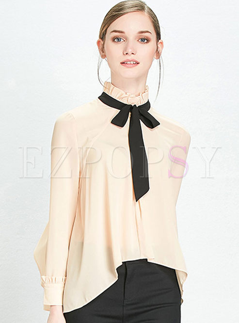 Asymmetry Bowknot Stand Collar Long Sleeve Blouse