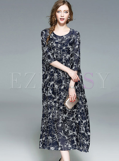 Casual Loose O-neck Floral Print Shift Dress