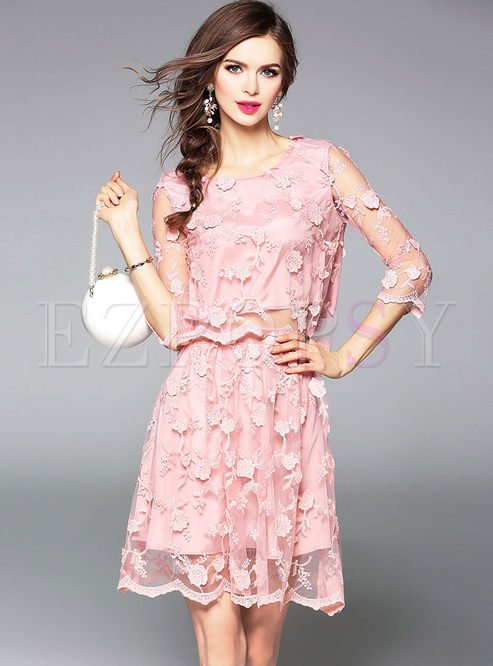 Stylish Mesh Embroidered Three Quarters Sleeve Two-piece Outfits