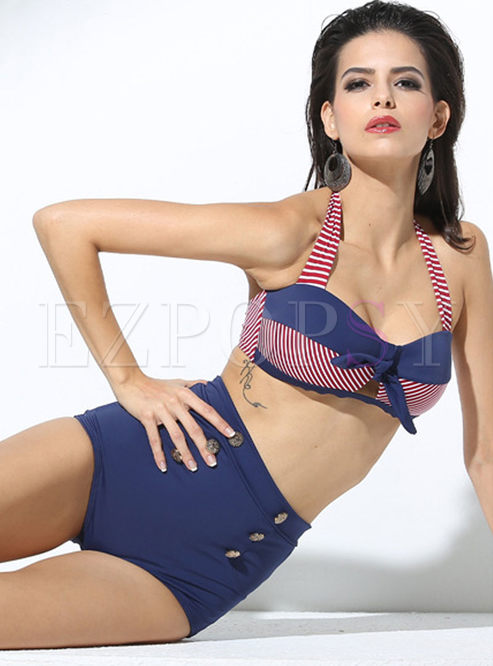 Plaid Double-Breasted High Waist Bikini Swimwear