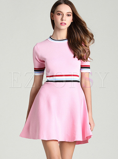 Hit Color Stripe Kintted Short Sleeve Knitted Dress