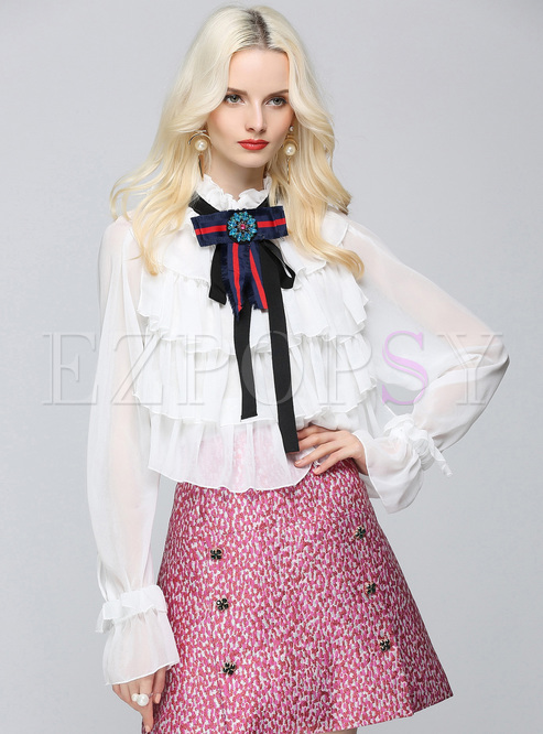 Vintage Bowknot Layered Puff Sleeve Blouse