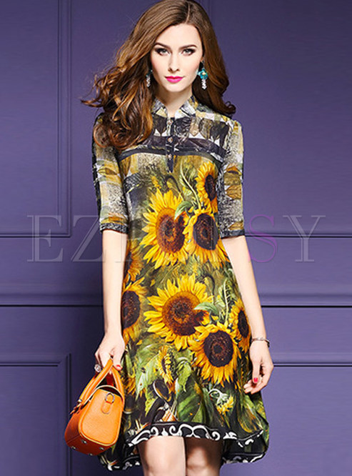Stand Collar Loose Sunflower Design Half Sleeve Shift Dress