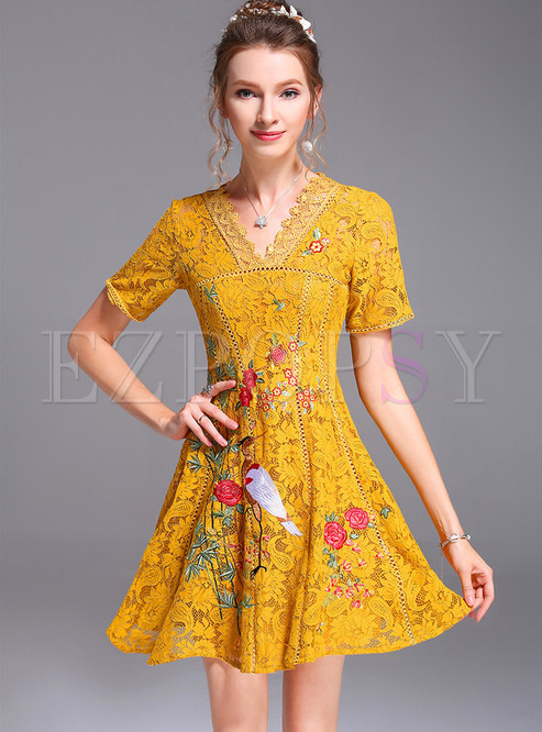Dresses | Skater Dresses | Lace Embroidered V-neck Floral Print Short ...