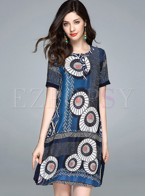 Dresses | Shift Dresses | Ethnic Print Silk Short Sleeve Slit Shift Dress
