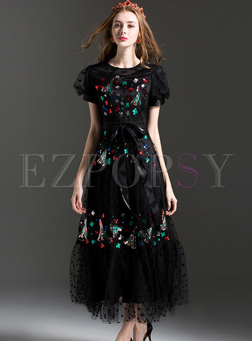 Sequin Mesh Embroidered Puff Sleeve Black Maxi Dress