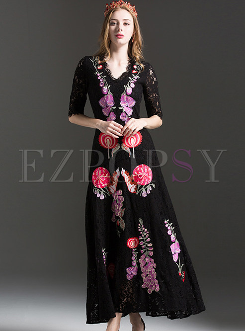 Lace Flowers Embroidered Half Sleeve Maxi Dress