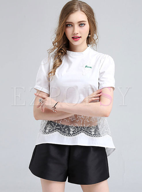 Casual Embroidered Pure Colour Short Sleeve Blouses