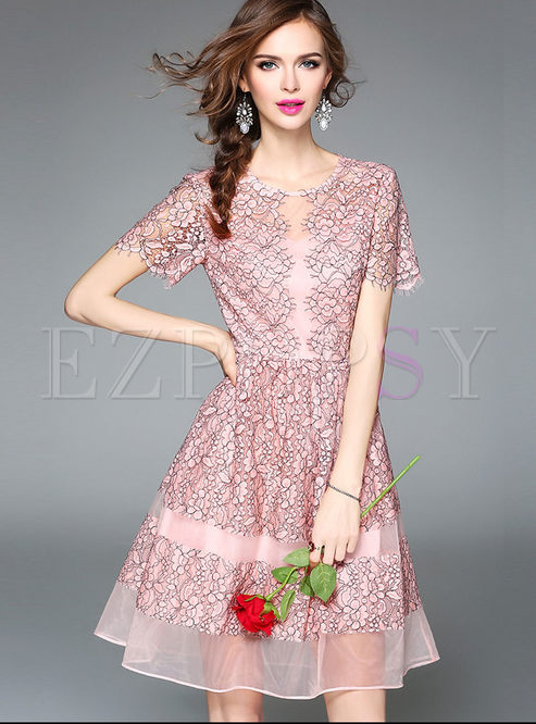 Dresses | Skater Dresses | Party Lace A-line Short Sleeve Skater Dress