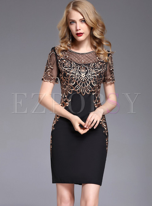Hollow Out Mesh Embroidered Short Sleeve Bodycon Dress