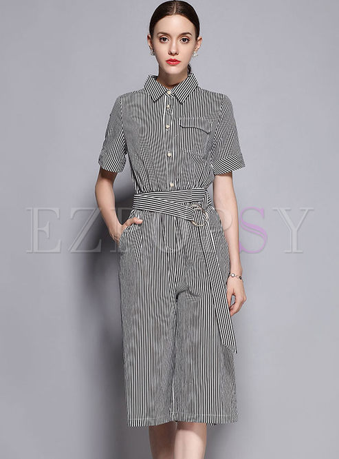 Lapel black and white striped printed waist and wide leg jumpsuit