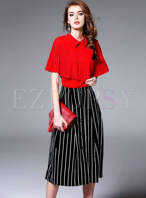 Red Turn Down Collar Blouse & Striped Single-breasted Skirt