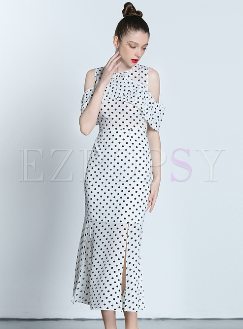 Chic Off Shoulder Dot Print Split Maxi Dress