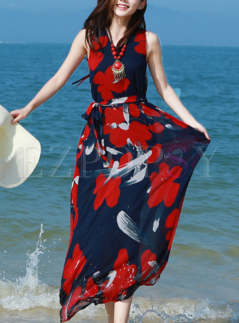 Slim Red Print Sleeveless Maxi Dress