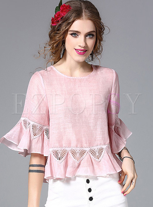Tops | Blouses | Hollow Out Embroidered Falbala Half Sleeve Blouse