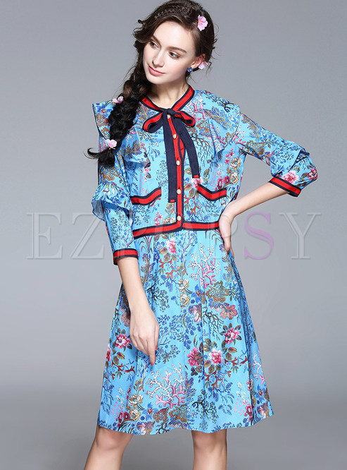 Stylish Bowknot Floral Print Three Quarters Sleeve Two-piece Outfits
