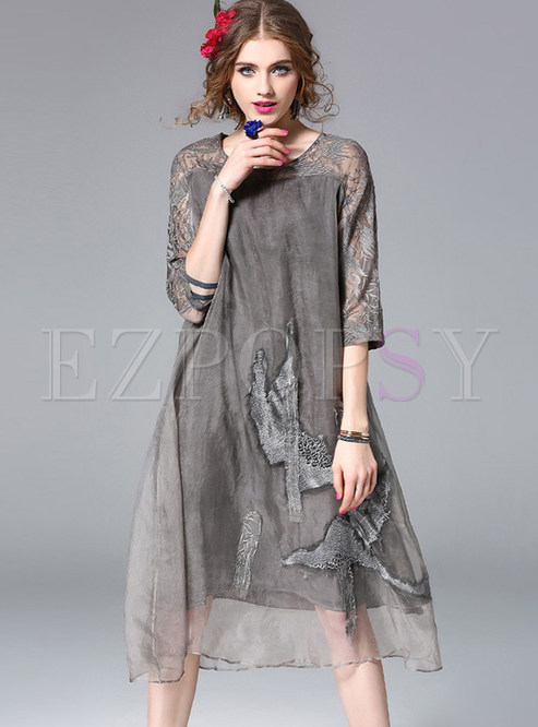 Silk Hollow Out Embroidered Three Quarters Sleeve Shift Dress