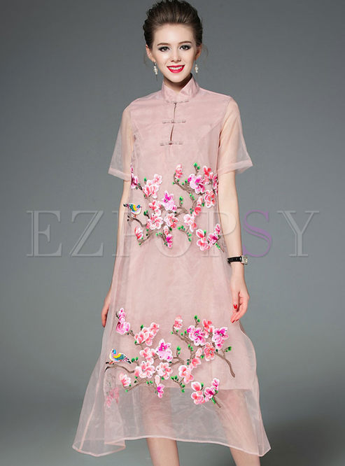Vintage Embroidered Bead Stand Collar Short Sleeve Shift Dress 