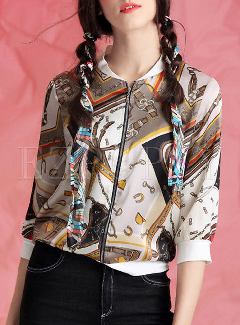 Casual Print Stand Collar Long Sleeve Coat