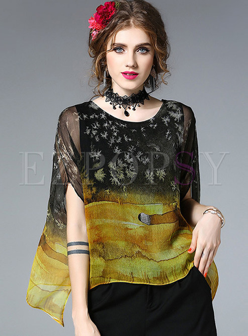 Gradient Silk Asymmetry Floral Print Short Sleeve Blouse With Camis