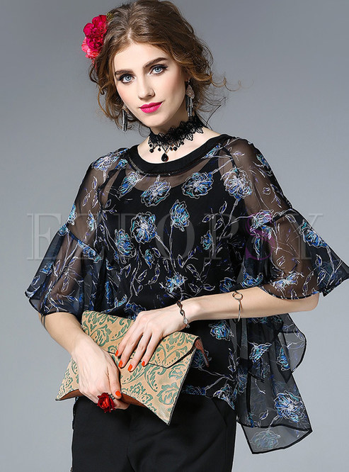 Tops | Blouses | See Through Falbala Floral Print Flare Sleeve Blouse ...