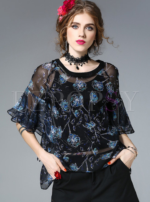 See Through Falbala Floral Print Flare Sleeve Blouse With Camis