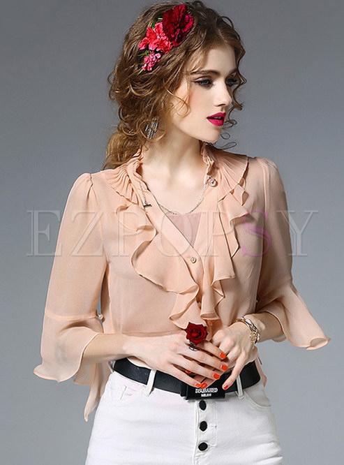 Tops | Blouses | Sexy See Through Falbala V-neck Flare Sleeve Blouse ...