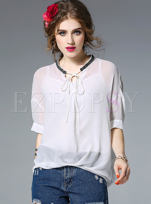 Nail Bead Asymmetry Loose Half Sleeve Blouse With Camis