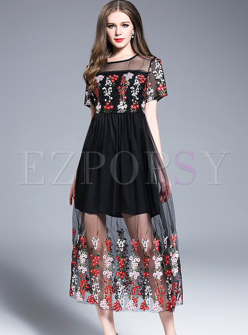Elegant Floral Embroidery Perspective Maxi Dress