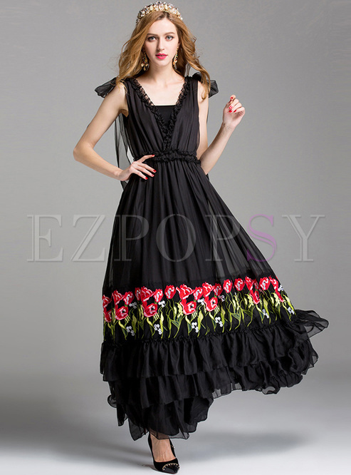 Chic Floral Print Falbala Big Hem Maxi Dress