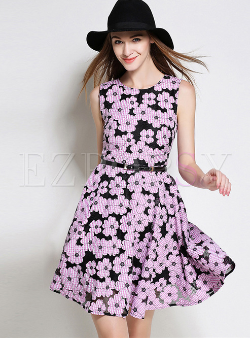 Chic Flower Print Sleeveless A-line Dress