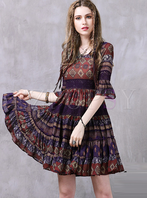Dresses | Skater Dresses | Ethnic Print Flare Sleeve Skater Dress
