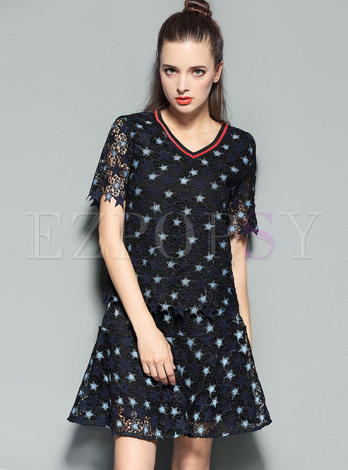 Sexy V-neck Hollow-out Short Sleeve T-short Shift Dress