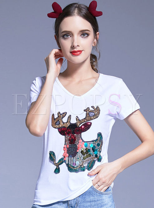 Casual Bead V-neck Short Sleeve Sika Deer T-shirt