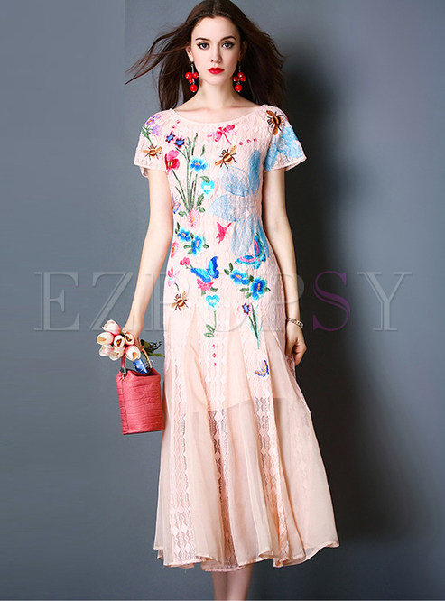 Vintage Lace Embroidered Short Sleeve Slim Maxi Dress