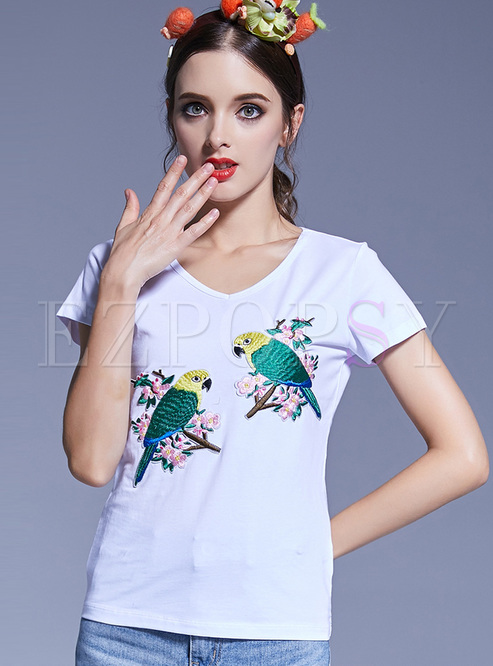 White Brief Bids Embroidery T-shirt