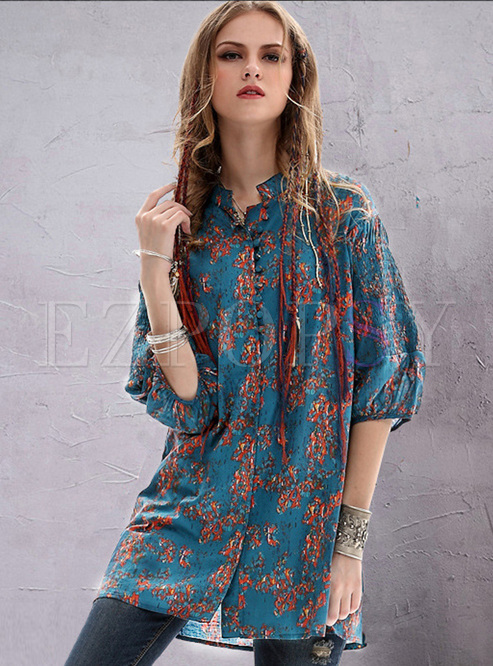 Tops | Blouses | Ethnic Floral Print Lantern Sleeve Blouse